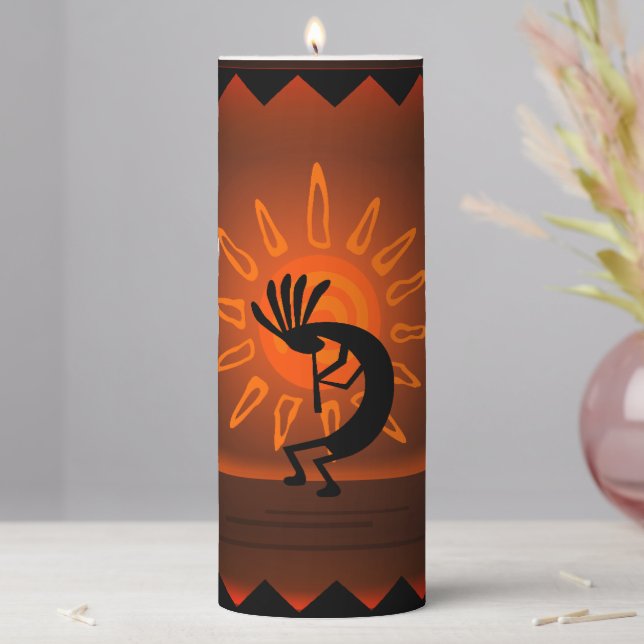 Kokopelli Sun Bronzed Sunset Desert 3x8 Pillar Candle (In Situ)