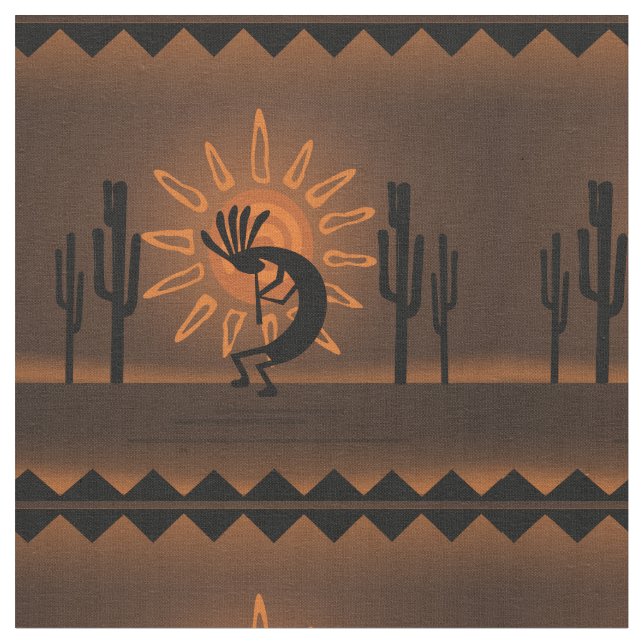 Kokopelli Sun Southwest Desert Rustic Brown Fabric (Close Up)