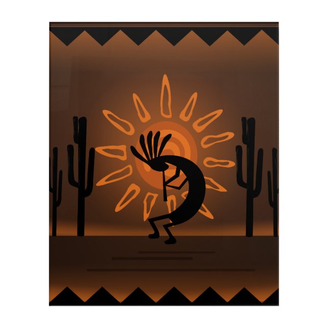 Kokopelli Sun Southwest Rustic Brown Acrylic Print (Front)