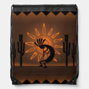 Kokopelli Sun Southwest Rustic Brown Drawstring Bag