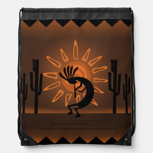 Kokopelli Sun Southwest Rustic Brown Drawstring Bag (Front)