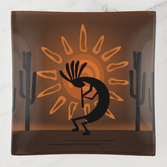 Kokopelli Sun Southwest Rustic Brown Sq Trinket Trinket Tray (Front)