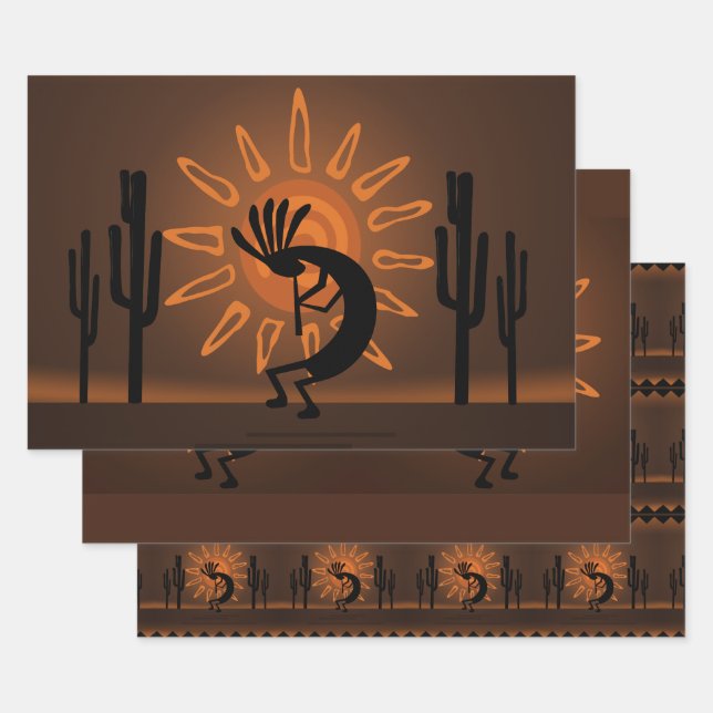 Kokopelli Sun Southwest Rustic Brown  Wrapping Paper Sheets (Set)