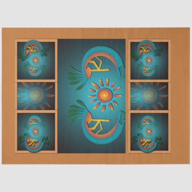 Kokopelli Sun Southwest Turquoise Decoupage Tissue Paper (Front)