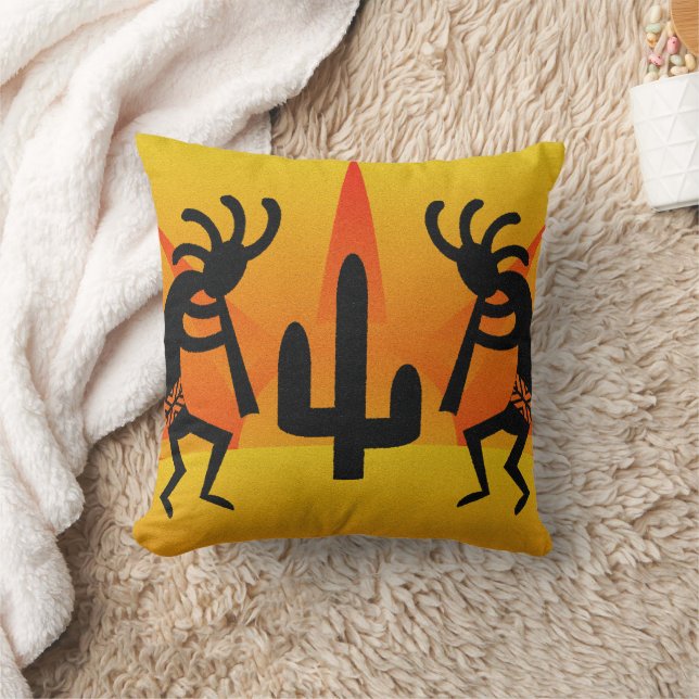 Kokopelli With Cactus In Sunset Southwestern Throw Pillow (Blanket)