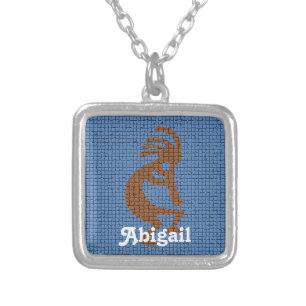 Kokopelli with Flute Earth Tone Tiled Mosaic Silver Plated Necklace
