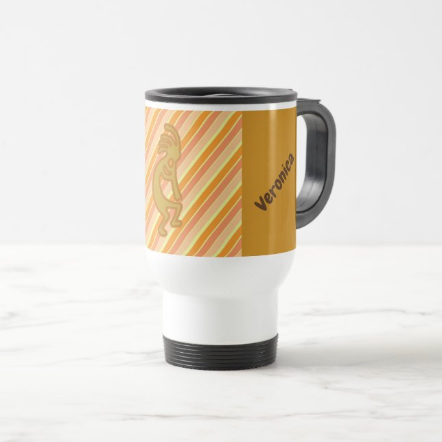 Kokopelli with Flute Gold Orange Stripes Southwest Travel Mug (Front Right)