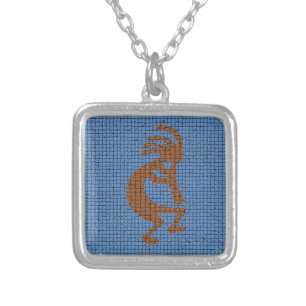 Kokopelli with Flute Southwest Symbol Mosaic Silver Plated Necklace