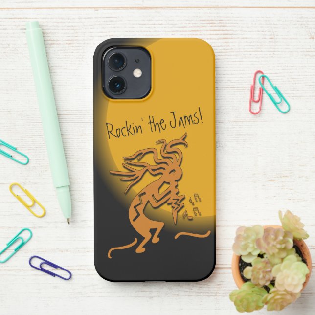 Kokopelli With Musical Notes Artwork iPhone Case (On Desk)
