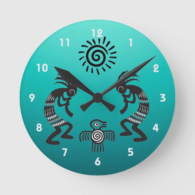 Kokopelli With Native Sun and Native Bird Symbol Round Clock (Front)