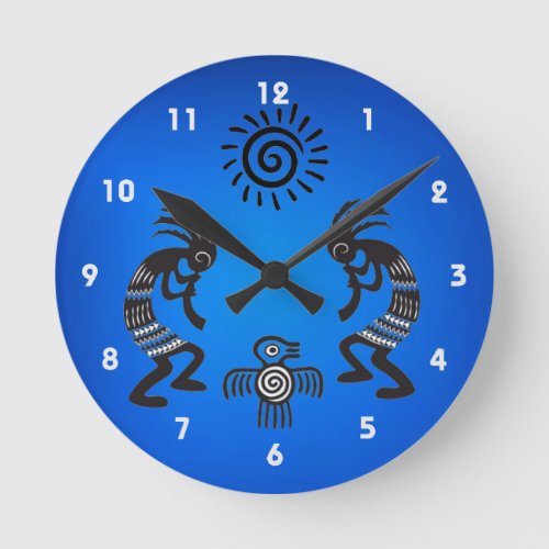 Kokopelli With Native Sun and Native Bird Symbol Round Clock