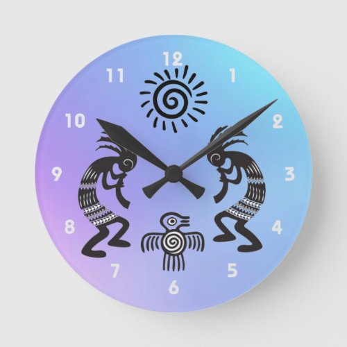 Kokopelli With Native Sun and Native Bird Symbol Round Clock