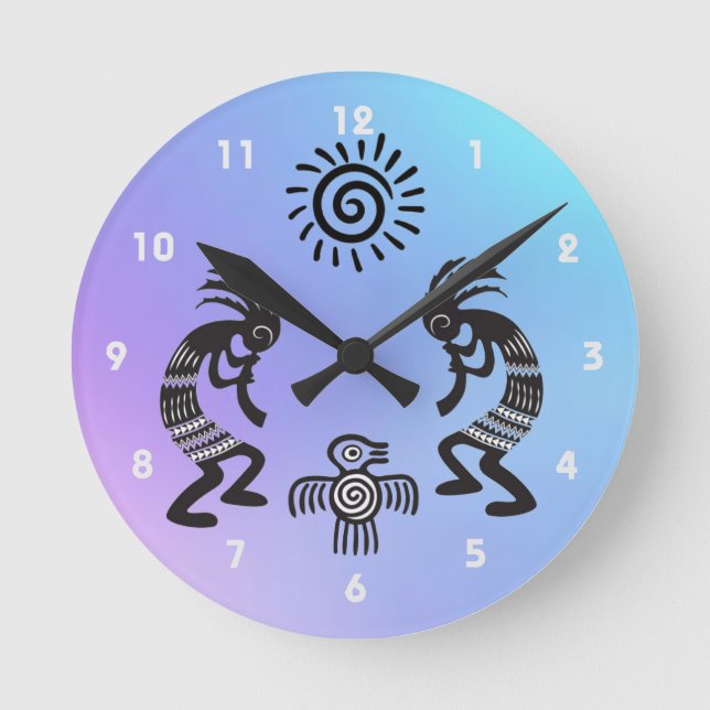 Kokopelli With Native Sun and Native Bird Symbol Round Clock (Front)