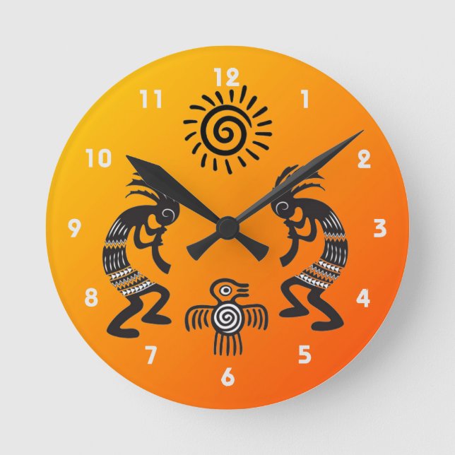 Kokopelli With Native Sun and Native Bird Symbol Round Clock (Front)