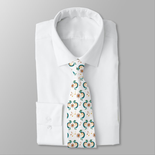 Kokopelli with Sun Pattern White Neck Tie (Tied)