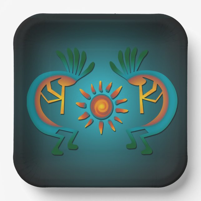Kokopelli with Sun Teal Design 9" Sq Paper Plates (Front)