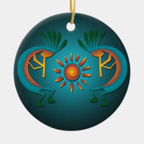 Kokopelli with Sun Teal Design Christmas Ornament