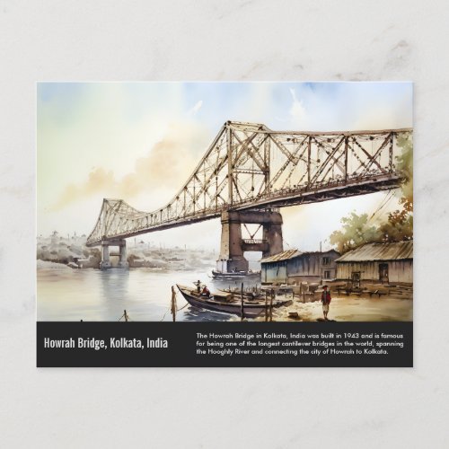 Kolkata Howrah Bridge watercolor painting Postcard