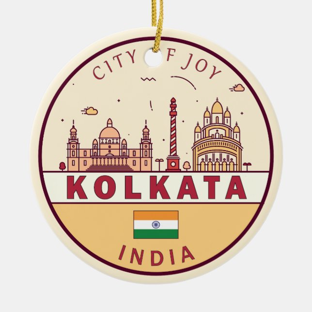 Kolkata India City Skyline Emblem Ceramic Ornament (Front)
