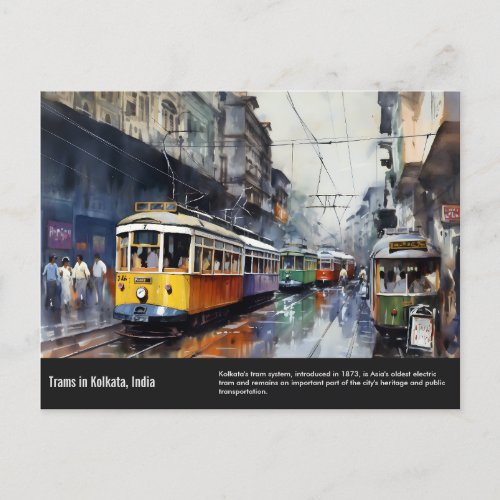 Kolkata Trams watercolor painting Postcard