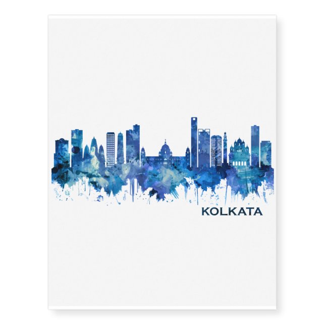 Kolkata West Bengal Skyline Blue Temporary Tattoos (Front)