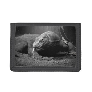 komodo dragon black and white tongue out left tri-fold wallet