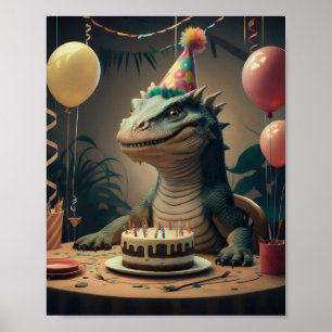 Komodo Dragon sitting at table with birthday cake Poster