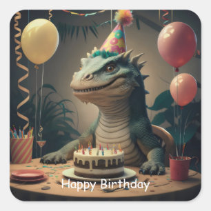 Komodo Dragon sitting at table with birthday cake Square Sticker