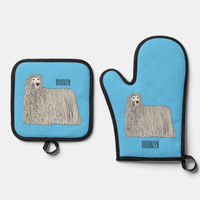 Komondor dog cartoon illustration  oven mitt & pot holder set (Front)