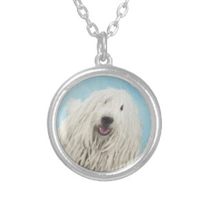 Komondor Painting - Cute Original Dog Art Silver Plated Necklace