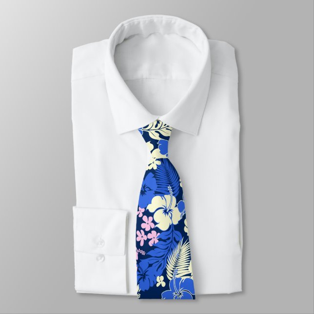 Kona Bay Hawaiian Hibiscus Aloha Shirt Print Tie (Tied)