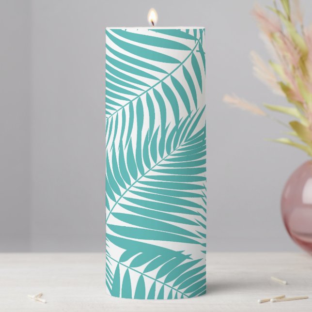 Kona Palms Hawaiian Tropical Leaf Teal Pillar Candle (In Situ)
