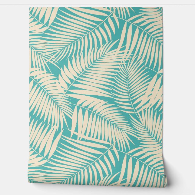 Kona Palms Hawaiian Tropical Leaf - Turquoise Wallpaper (Unrolling)