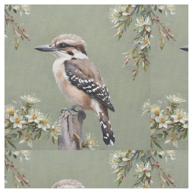 Kookaburra And Flowering Eucalyptus,  Fabric (Close Up)