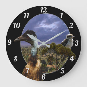Kookaburra, Emu, Australian Landscape, Large Clock