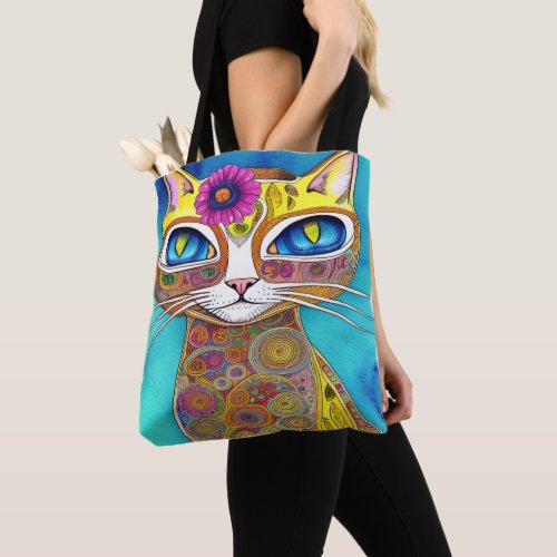 Kooky Hippie Cat Colorful Tote Bag
