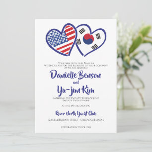 Korean American Heart Flags Wedding Invitation