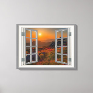 Korean Autumn Sunset Temple Faux Window View Canvas Print