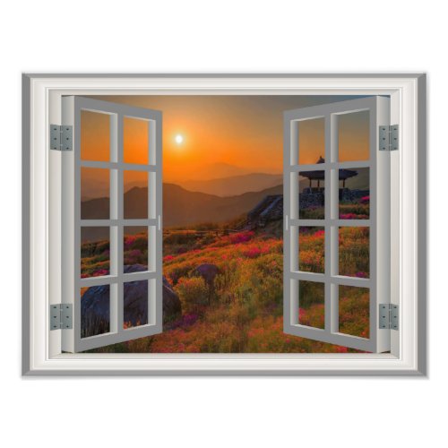 Korean Autumn Sunset Temple Faux Window View Photo Print