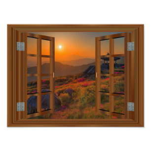 Korean Autumn Sunset Temple Faux Window View Photo Print