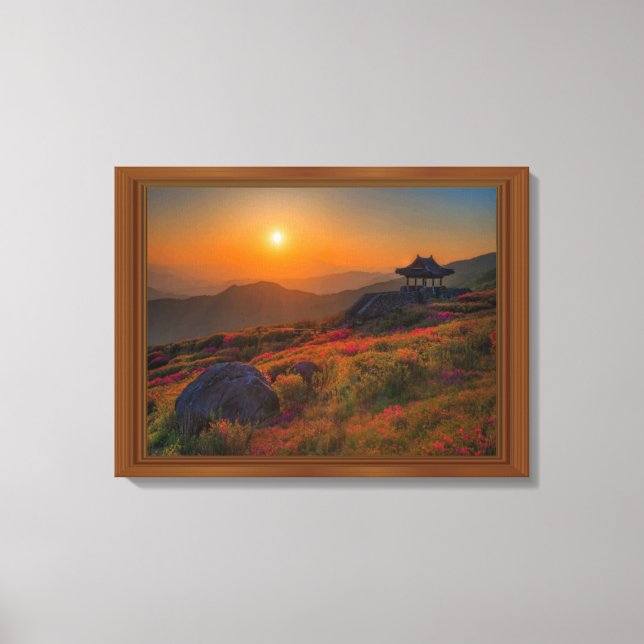 Korean Autumn Sunset Temple Wood Frame Canvas Print (Front)