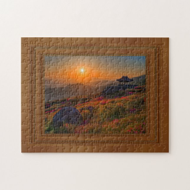 Korean Autumn Sunset Temple Wood Frame Jigsaw Puzzle (Horizontal)