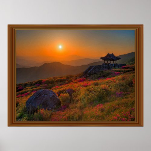 Korean Autumn Sunset Temple Wood Frame Poster