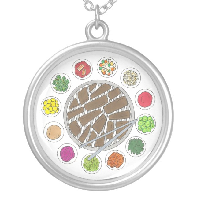Korean BBQ Barbecue Roast Bulgogi Banchan Food Silver Plated Necklace (Front)