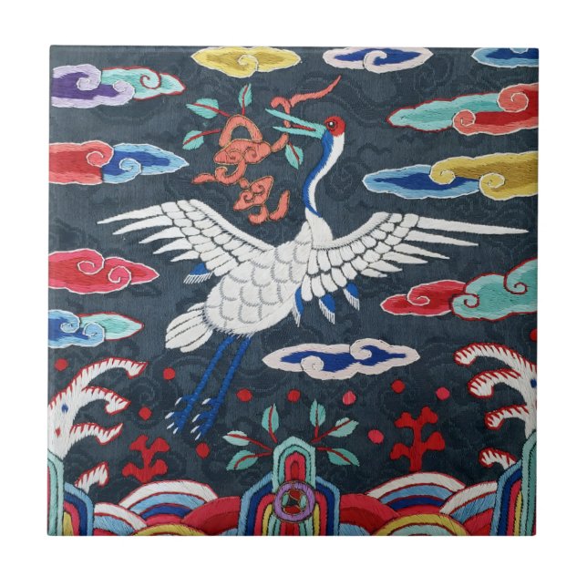 Korean Bird Colorful Crane Oriental Ceramic Tile (Front)