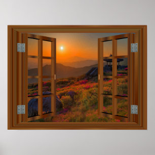 Korean Buddhist Temple Faux Window View Poster