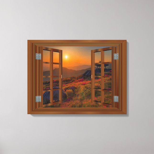 Korean Buddhist Temple Faux Window View Sunset Canvas Print (Front)