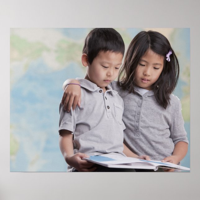 Korean children reading book near map poster (Front)