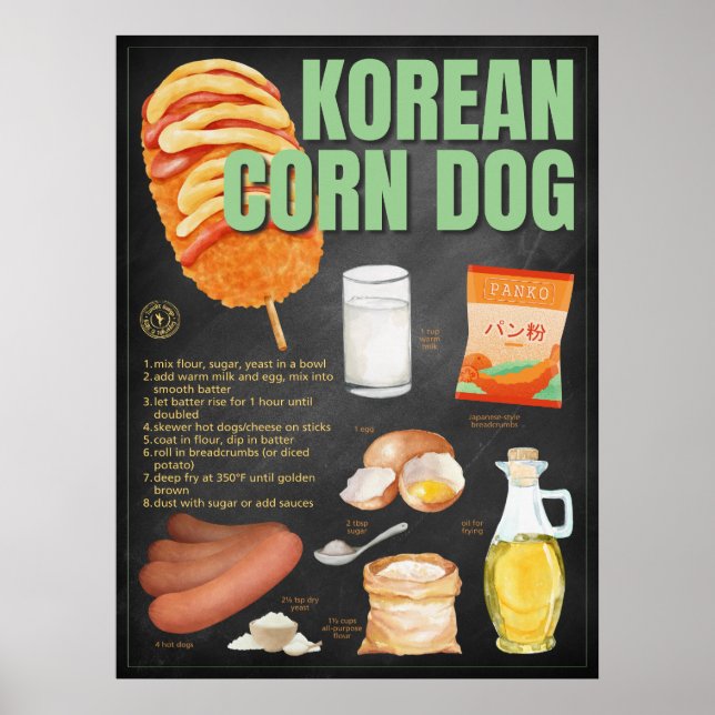 Korean Corn Dog Recipe Chalkboard Street Food Art Poster (Front)
