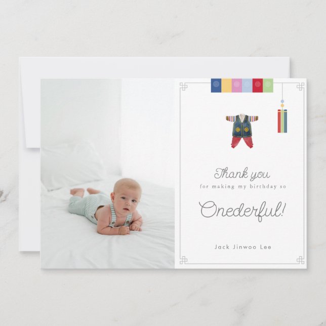 Korean Dol first birthday photo thank you card (Front)